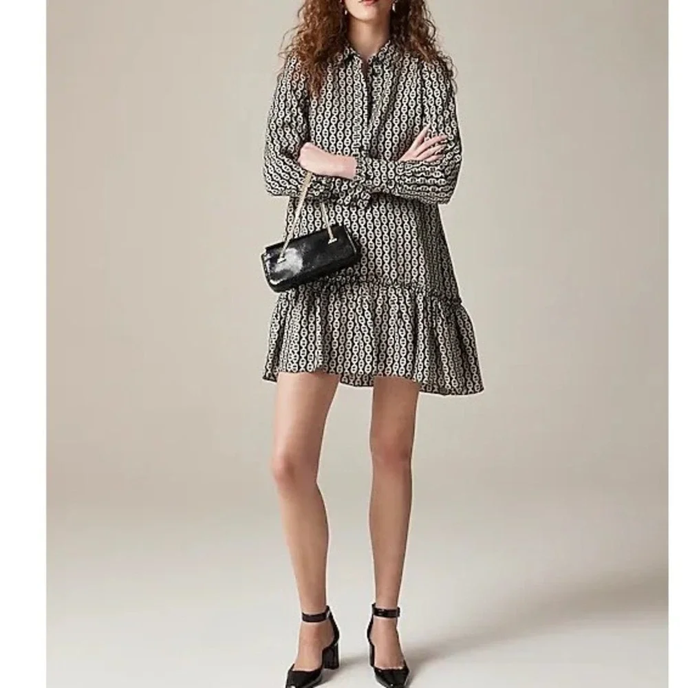 J.Crew Women's Shirt Dress Chain Print Long Sleeve Ruffle Hem E1‎